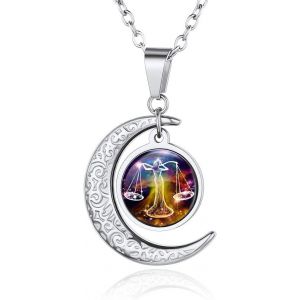 Kal-Collier Signe Astrologique Personnalisable,Pendentif Demi Lune Signe Zodiaque Prénom Personnalisé Avec Chaîne Réglable 50+5cm,12 Constellations Bijoux Cadeau Pour Femme Anniversaire Noël - Neuf