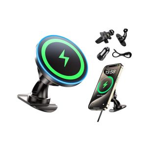 Support de chargeur de voiture sans fil MagSafe pour iPhone s&eacute;ries 12 &agrave; 16 avec clip de ventilation et base pour tableau de bord - Neuf