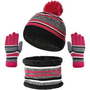 (Rose)3 En 1 Bonnet Écharpe Gants Ensemble Pour Les Enfants L'hiver Épaissir En Tricot Polaire Pompom Chapeaux Avec Cache-Cou Écharpe Gants Pour Les Filles, Les Garçons De L'âge De 3 À 8 Ans - Neuf