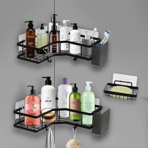 Bhhbb-Lot De 2 Étagères D'angle Adhésives Avec Crochets Et 2 Supports De Dentifrice, Sans Perçage, En Acier Inoxydable, Pour Salle De Bain, Économise De L'espace (Noir, 5 Pièces) - Neuf