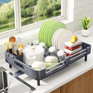 Jexnovashop-Egouttoir Vaisselle, Extensible (33,5 Cm-50 Cm) &Eacute;gouttoir &Agrave; Vaisselle En Acier Inoxydable Avec Porte-Ustensiles Porte-Gobelets Pour Comptoir De Cuisine (Gris) - Neuf