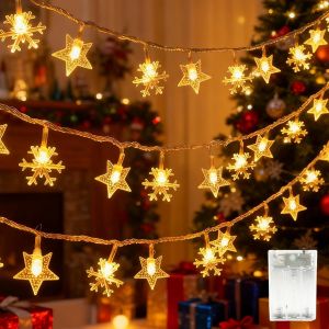 JGD-Guirlande Lumineuse &agrave; Flocons de Neige No&euml;l Int&eacute;rieur, 6M 40 LED &Eacute;toile Guirlandes Lumineuses Piles &Eacute;tanche 2 Modes, D&eacute;coration pour No&euml;l, Chambre &agrave; coucher, F&ecirc;te, Mariage, Blanc Chaud - Neuf