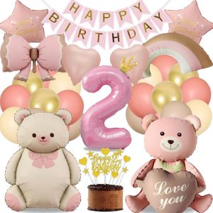 SJZG-Kit Decoration Anniversaire Fille Rosa 2 Ans, D&eacute;co F&ecirc;te Ballons Ruban Amour Ours, D&eacute;coration F&ecirc;te Ours Fille (2 Ans Anniversaire Fille) - Neuf