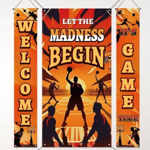 Checarzhn--No1-3pcs Décorations Fête Thème Basket-Ball, Panneau Porte Let The Madness Begin Avec Couplets Welcome It's Game Time Bannière Porche Basketball Pour Anniversaire Intérieur Extérieur Artic - Neuf