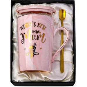 Cadeau D'anniversaire Pour Maman, Tasse À Café World's Best Mum - Cadeau Pour Maman De La Part De Sa Fille Et De Son Fils, Tasse À Café En Céramique De 414 Ml Avec Boîte Exquise, Cuillère - Neuf