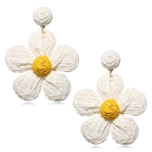 Boucles D'oreilles Pendantes En Rotin Pour Femme, Style Bohème, En Raphia, Avec Fleurs Enveloppées De Paille, Bijoux D'été Pour La Plage Tropicale (Blanc) - Neuf