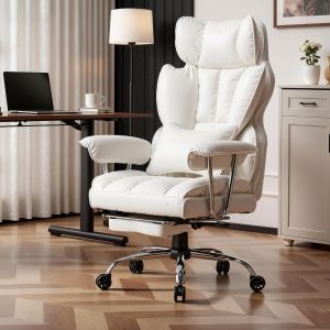 SUBZONAL-Fauteuil de Direction, Chaise de Bureau en Cuir PU, Fauteuil de Bureau Ergonomique Ajustable &agrave; Dossier Haut, Pivotant 200kg avec Repose Pieds et Support Lombaire, Blanche - Neuf
