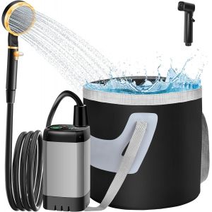 Douche De Camping, Pompe De Douche Électrique Rechargeable Avec Affichage Intelligent De Température Et Pression D'Eau Réglable, Pommeau De Douche Avec Seau Pliable Pour Camping Randonnée - Neuf