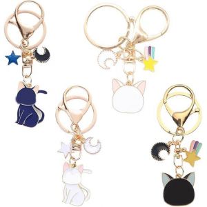 Kal-Porte-Cl&eacute;s De Lune Chat,4 Pi&egrave;ces Porte-Cl&eacute;s Dessin Anim&eacute; Mignon Magique Chat Kawaii Cartoon Chat Pendentif Porte Clef Couple Pour Les Filles Et Les Amoureux Des Chats Cadeaux Anniversaire - Neuf