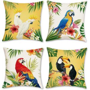 Ksfal-Housse De Coussin Oiseau Toucan Tropical 45x45 Cm Perroquet Fleurs Feuilles Polyester Lin Décoratif Été Taie D'oreiller Pour Salon Chambre Maison Jardin Extérieur Décoration 4 Pièces - Neuf