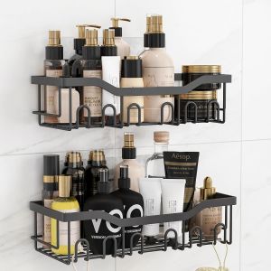 6 Pi&egrave;ces &Eacute;tag&egrave;re De Douche Sans Per&ccedil;age En Acier Inoxydable, Rangement Auto-Adh&eacute;sif Avec Crochets Pour Salle De Bain (2-Noir) - Neuf