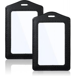 2 Pièces Porte Badge Cuir Noir,Porte-Cartes d'identité Porte-Cartes Bus Double Face Transparent,Étanche Pour Cartes Crédit Permis Travail - Neuf