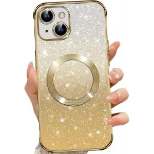 Eryi-Coque Magnétique Pour Iphone 14 Plus, Etui À Paillettes Compatible Avec Magsafe, Antichoc Charge Sans Fil Housse Pour Iphone 14 Plus, Avec 2 Verre Trempé, Doré - Neuf