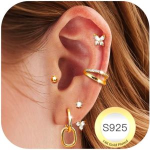 Kal-Paires Boucles D'oreilles Femme Argent 925 Plaquée Or 14k Créoles Argent Boucles D'oreilles Zircon Piercing Oreille Cartilage Petites Boucles D'oreilles Femme Or Pour Piercings Multiples - Neuf