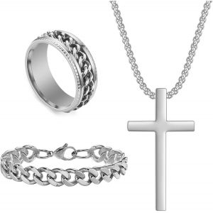 Kal-Ensemble Collier Avec Pendentif En Forme De Croix Cubaine En Acier Inoxydable Pour Homme - Cha&icirc;ne Cubaine - Bague Tournante Vintage - Cadeau Pour Homme - Anniversaire No&euml;l - Neuf