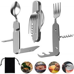 Kalanka-Couverts Pliants En Acier Inoxydable - 6 En 1 - Couteau, Fourchette, Cuill&egrave;re, D&eacute;capsuleur - Couverts De Terrain Pour La Randonn&eacute;e - Neuf
