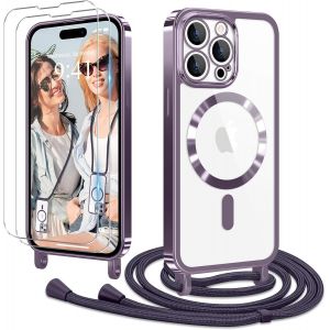 Kal-Coque Pour Iphone 15 Pro Max Avec Cordon De Collier + 2×Verre Trempé, Coque Transparente Silicone Tpu Bumper Etui Housse Avec Cordon Réglable, Coque Magnétique Pour Iphone 15 Pro Max Violet - Neuf
