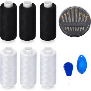 Chenquansarl-Lot De 6 Fils &Agrave; Coudre, Fil Polyester 402, Fil Noir Et Fil Blanc 3 Pi&egrave;ces Avec 30 Aiguilles &Agrave; Coudre De Diff&eacute;rentes Tailles Et 2 Enfile-Aiguilles, Pour Couture &Agrave; La Main Et &Agrave; La Machine - Neuf
