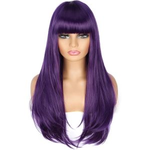 Kalanka-28 Pouces 70cm Longue Perruque Violette Avec Frange Pour Femmes D&eacute;guisements, Cheveux Synth&eacute;tiques Lisses R&eacute;sistants &Agrave; La Chaleur, Perruque Naturelle Pour Halloween Cosplay/D&eacute;guisements - Neuf