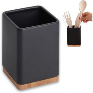 Eryi-Pot Ustensiles Cuisine - Porte Ustensiles De Cuisine En Céramique Et Bambou - Cuisine Accessoires Pour Le Rangement Ustensiles Cuisine - Noir Mat - 10,5 X 10,5 X 15 Cm - Neuf