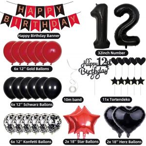 TIANYI-Décoration de gâteau 12e anniversaire garçon fille u2013 Guirlande noire et rouge pour 12 ans, ballons du 12e anniversaire, confettis, ballons en forme de chiffre 12, décoration - Neuf