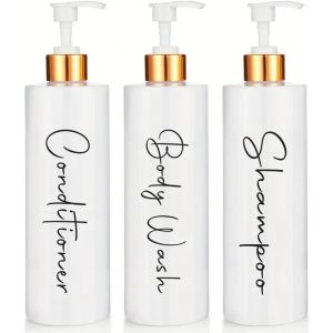 Senior-Distributeur De Savon Salle De Bain | Set De 3 Flacons Pour Gel Shampooing Et Après-Shampoing 500 Ml Avec Détails En Bambou | Ce Distributeur De Savon De Bain Couleur Blanc Et Doré Es[L1737] - Neuf