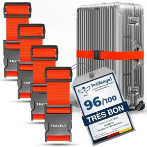TIANYI-&reg; Lot de 4 sangles de valise de qualit&eacute; sup&eacute;rieure, particuli&egrave;rement attrayante et s&ucirc;re, avec 2 &eacute;tiquettes &agrave; bagage, sangle de bagage id&eacute;ale en croix, orange - Neuf