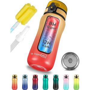 Gourde Isotherme En Acier Inoxydable Anti-Fuite Avec Paille Ou Passoire Sans Bpa Pour La Maternelle, L'école, Rouge Orange, 400 Ml - Neuf