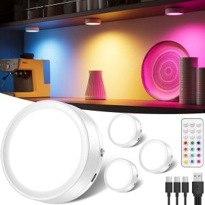 Spot Led Rechargeable Usb Rgb - Eclairage Vitrine Led Sans Fil Lampe Placard Couleur Avec Telecommande Lumiere Cuisine Sous Meuble Pile Veilleuse Adhesif Lampe Led Autocollante Pour Armoire Escalier - Neuf