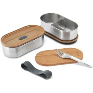 Bento Box Empilable - Bo&icirc;tes Lunch Box En Acier Inoxydable Avec Couvercle En Bambou - Herm&eacute;tiques - Fourchette Comprise - 2 X 500 Ml - Gris/Amande - Neuf