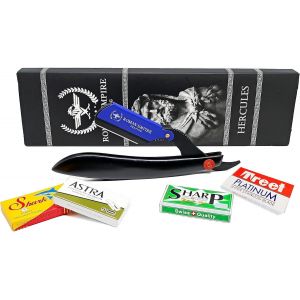 Letnerny-Razor Blades Club-Empire Romain Ra Hercule Nouveau Rasoir Droit | Rasoir Pour Barbe, Moustache Et Contours Avec (Astra-Sharp-Shark-Voskhod)|20 Unit&eacute;s (Paquet De 1)|Bleu - Neuf