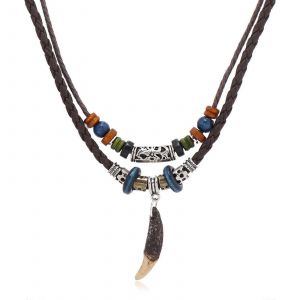 Collier Pendentif Dent De Chien Pour Hommes Double Couches En Bois Perl&eacute; En Cuir Corde Cha&icirc;ne Bijoux Ethniques Cadeaux - Neuf