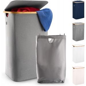 100L Panier a Linge avec Couvercle et Cadre Bambou Robuste - Paniere a Linge Sale Esth&eacute;tique avec Poign&eacute;es Lat&eacute;rales et Tissu Respirant - Panier &agrave; Linge Sac Amovible, Bleu - Neuf