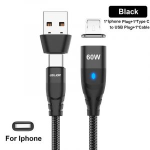 60w Pd C&acirc;ble De Chargeur Rapide Usb C &Agrave; Type C Micro Cordon De Donn&eacute;es Magn&eacute;tique 3a C&acirc;ble Usb Pour Iphone 13 Macbook Huawei Samsung S22-1m-For Iphone Black - Neuf