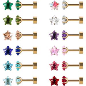 Lot De 12 Paires De Boucles D'oreilles À Tige En Acier Inoxydable Chirurgical À Dos Plat En Forme De C?ur,Étoile Carrée En Forme De Larme,Plaqué Or,Oxyde De Zirconium.[X1081] - Neuf