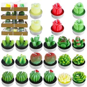 Lot De 24 Bougies Chauffe-Plat Faites À La Main En Forme De Cactus Succulents - Bougies Artificielles Pour Fête, Festival, Anniversaire, Mariage, Décoration D'intérieur - Neuf