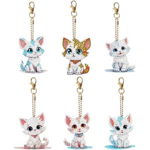 Oayew-6pcs Chat Diamant Art Peinture Portes-Cl&eacute;s 5d Bricolage Double Face Animal Mosa&iuml;que Diamant Porte-Cl&eacute;s Pendentif Bouteille Cat Diamant Strass Peinture Porte-Cl&eacute;s D&eacute;corations Pour Sac &Agrave; Main Bou - Neuf