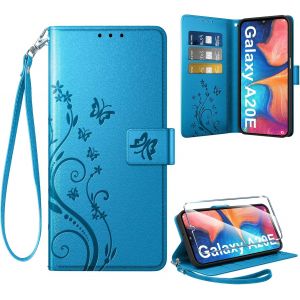 SJZG-Coque Pour Samsung Galaxy A20E + 1 Verre Tremp&eacute;, Retro Design Housse Premium En Cuir Pu Pochette De Portefeuille Pour Porte Cartes Fonction Stand Flip Etui Pour Samsung A20E, Bleu - Neuf