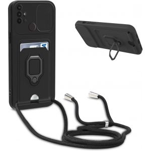 Kal-Coque Avec Cordon Pour Motorola Moto G10 / G20 / G30,Collier Pour Étui Colliers De Cellulaire Réglable Corde Silicone Souple Case,Protection De La Caméra,Support,Porte Cartes - Noir - Neuf