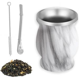 Mug Mate, Tasse &Agrave; Mat&eacute;, Tasse &Agrave; Mat&eacute; En Acier Inoxydable Double Paroi Design Isolant, 260ml Set De Th&eacute; Au Mat&eacute;, Avec Cuill&egrave;re &Agrave; Paille Et Brosse De Nettoyage Pour Le Th&eacute; Au Mat&eacute;, Caf&eacute; (Silver Dapple) - Neuf