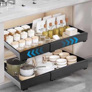 Jexnovashop-Tiroir Coulissant Cuisine Adhesif, Rangement Coulissant Placard Cuisine Noir, Tiroir Télescopique Extensible Largeur Ajustable 32-52cm, Sans Perçage Ni Clouage Requis (1 Pièces) - Neuf