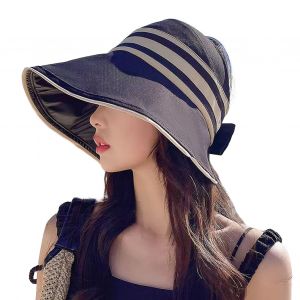 Chapeau De Soleil À Rayures Pour Femmes, Portable, Pliable, Ruban De Fixation, Lavable, Couleurs Contrastées, Large Bord, Isolation Thermique, Anti-Uv, Casquette D'extérieur D'été, Chapeau De Camping-Noir - Neuf