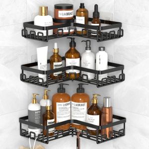 3 Pièces Etagere Angle Salle de Bain-Etagere Douche Sans Percage Inox Rangement Douche Angle Noir Porte Gel Douche Salle de Bain - Neuf
