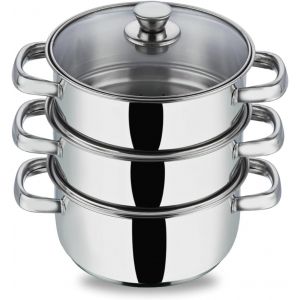 Kalanka-- Cuiseur Vapeur À 3 Étages En Acier Inoxydable Avec Couvercle En Verre - 20 Cm (Compatible Avec L'induction) - Neuf