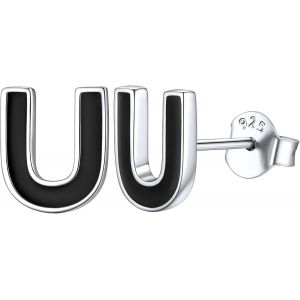 Boucles D'oreilles Initial Argent 925 &Agrave; Noir Lettre De A &Agrave; Z Boucle D'oreille Avec Bo&icirc;te &Agrave; Bijoux Couple, Homme Or Femme - Neuf