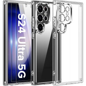 3 En 1 Coque Pour Samsung Galaxy S24 Ultra 5g Avec 2 Pièces [Couverture Complète] Verre Trempé, Hd Clair Transparente [Anti-Jaune] Étui De Protection Militaire Antichoc Mince Bumper Housse - Neuf