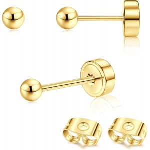 Senior-2pcs Boucles D'oreilles Titanium Boucle D'oreille Femme Or 14 Carats Boucles D'oreilles Flat Dot, Petite Boule Cz Flat Piercing Titane Oreille Cartilage Helix Piercing Oreille Homme, 2/3/4[L215] - Neuf