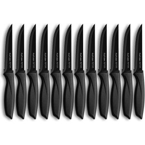ERYI-Couteaux À Steak,Set De 12 Couteaux À Steak,Couteaux De Table Noirs,Couteau De Cuisine Dentelé En Acier Inoxydable Avec Manche Ergonomique,Couteau À Viande,Lavable Au Lave-Vaisselle - Neuf