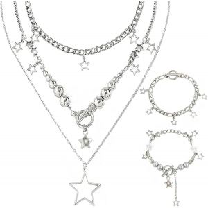 Kal-Collier Étoile En Argent À Trois Couches 2 Pièces Collier Ras Du Cou Boho Avec Alliage Étoile Breloques Argent Bracelet Étoile En Argent Pour Femmes Filles Zircon Cubique Collier Cadeau - Neuf