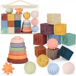 ChenQuanSarl-21 Blocs De Bébé Doux,Boules Texturées Et Ensemble De Jouets Ring Stack,Jouet Sensoriel,Jouets De Dentition Pour Bébé,De 6 9 12 Mois 1 Ans Garçons Filles - Neuf